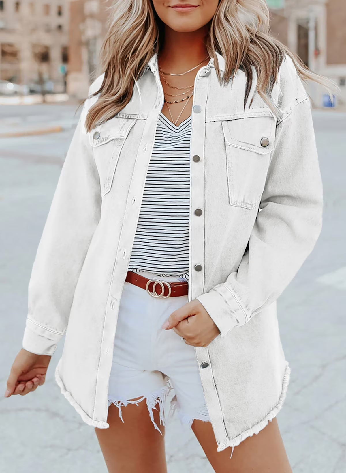 Women'S plus Size Denim Jacket Casual Ladies Jean Jacket Oversized Boyfriend Shackets Denim Shirt White