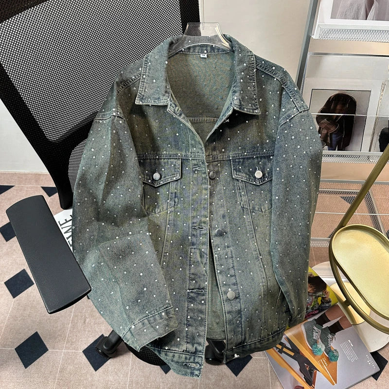 Male Chic Hot Diamond Denim Jackets Men'S 2024 Autumn New High-End Retro Trendy Loose Lapel Denim Coats Versatile Denim Jacket