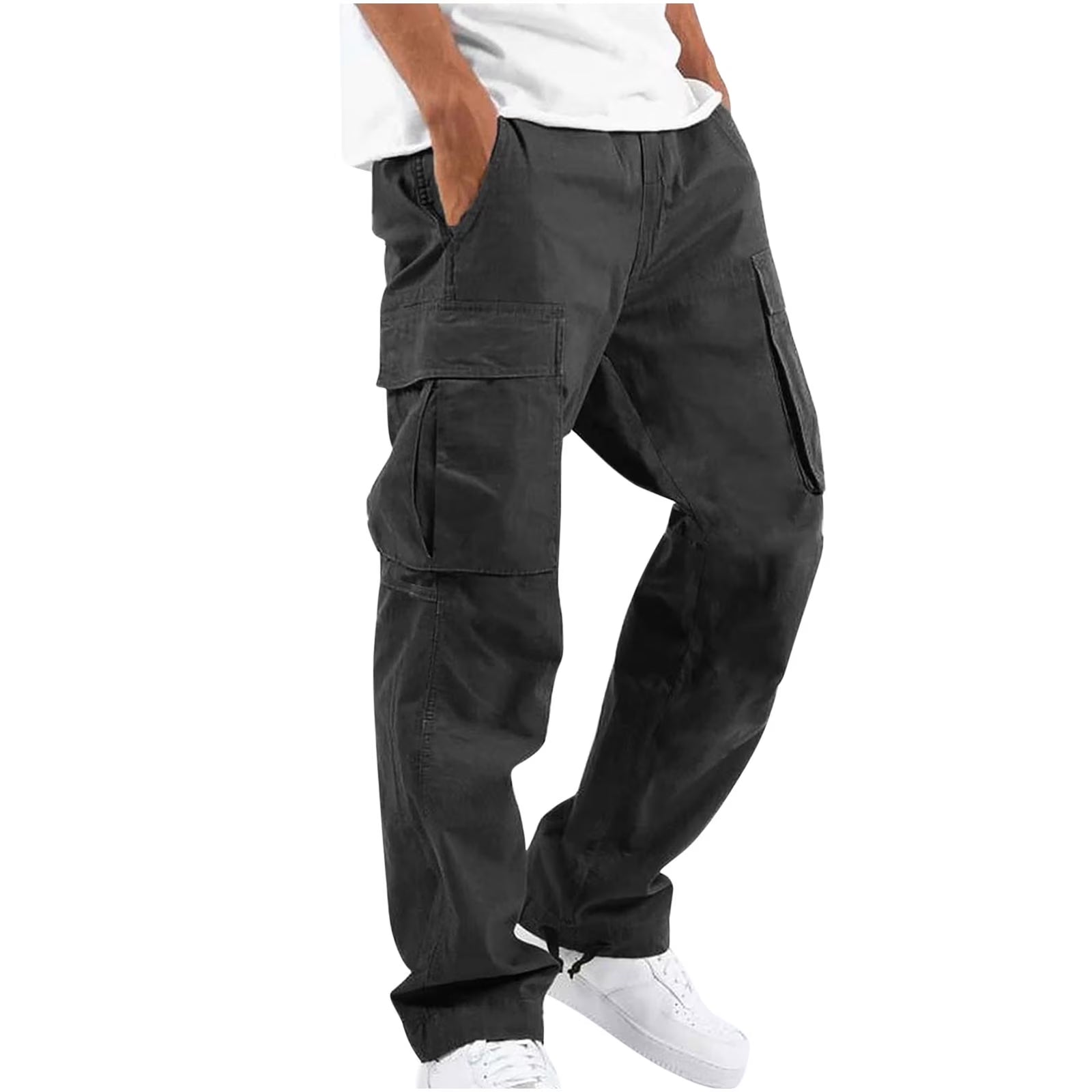 Trousers Full Length Pants for Men Solid Casual Multiple Pockets Outdoor Straight Type Fitness Pants Cargo Pants Trousers Gray