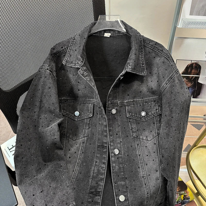 Male Chic Hot Diamond Denim Jackets Men'S 2024 Autumn New High-End Retro Trendy Loose Lapel Denim Coats Versatile Denim Jacket