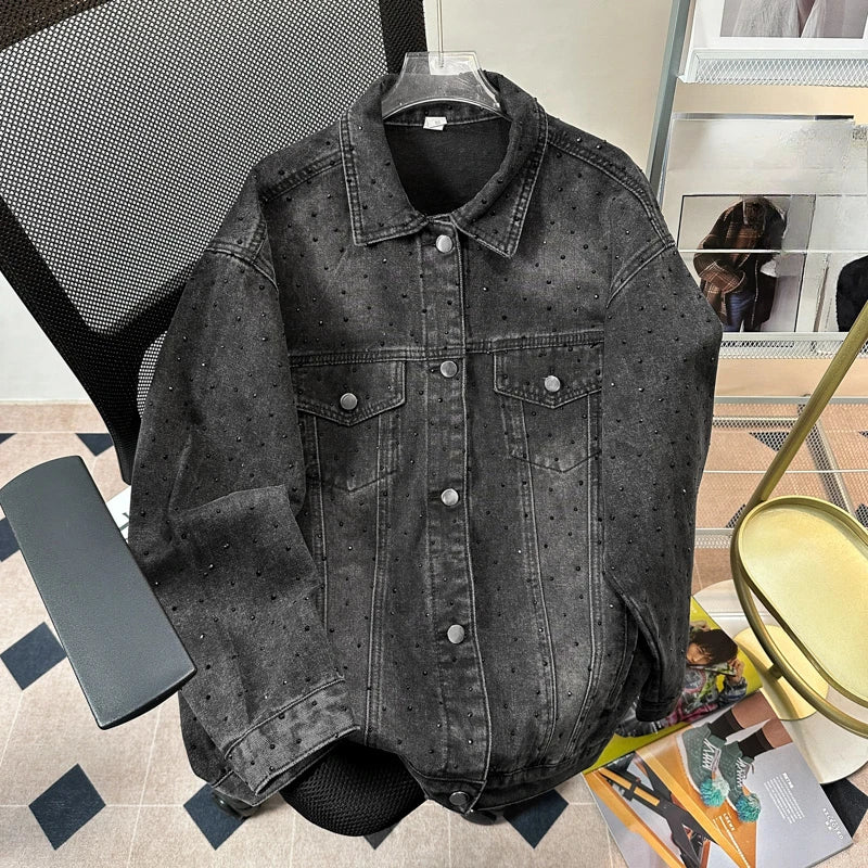 Male Chic Hot Diamond Denim Jackets Men'S 2024 Autumn New High-End Retro Trendy Loose Lapel Denim Coats Versatile Denim Jacket