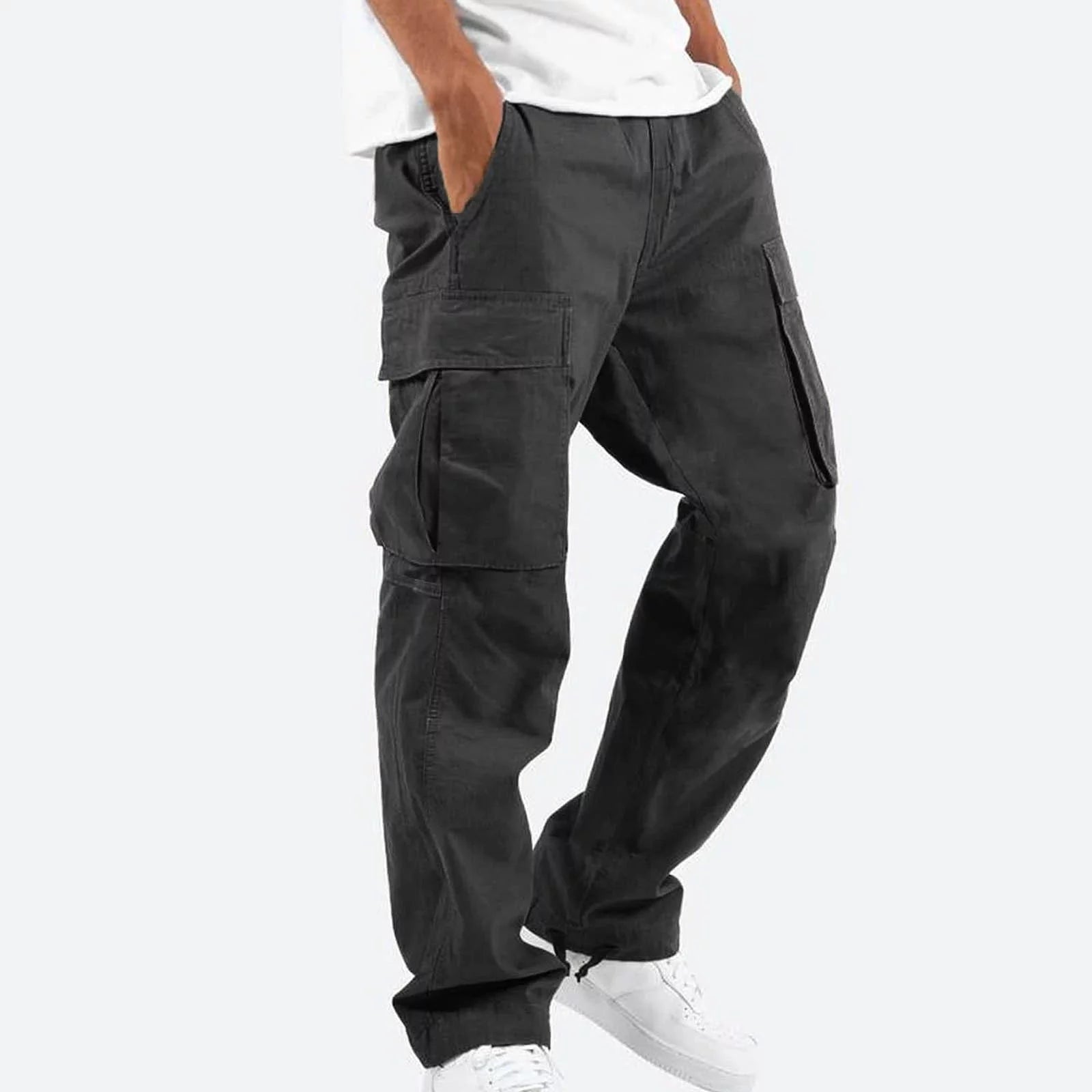Trousers Full Length Pants for Men Solid Casual Multiple Pockets Outdoor Straight Type Fitness Pants Cargo Pants Trousers Gray