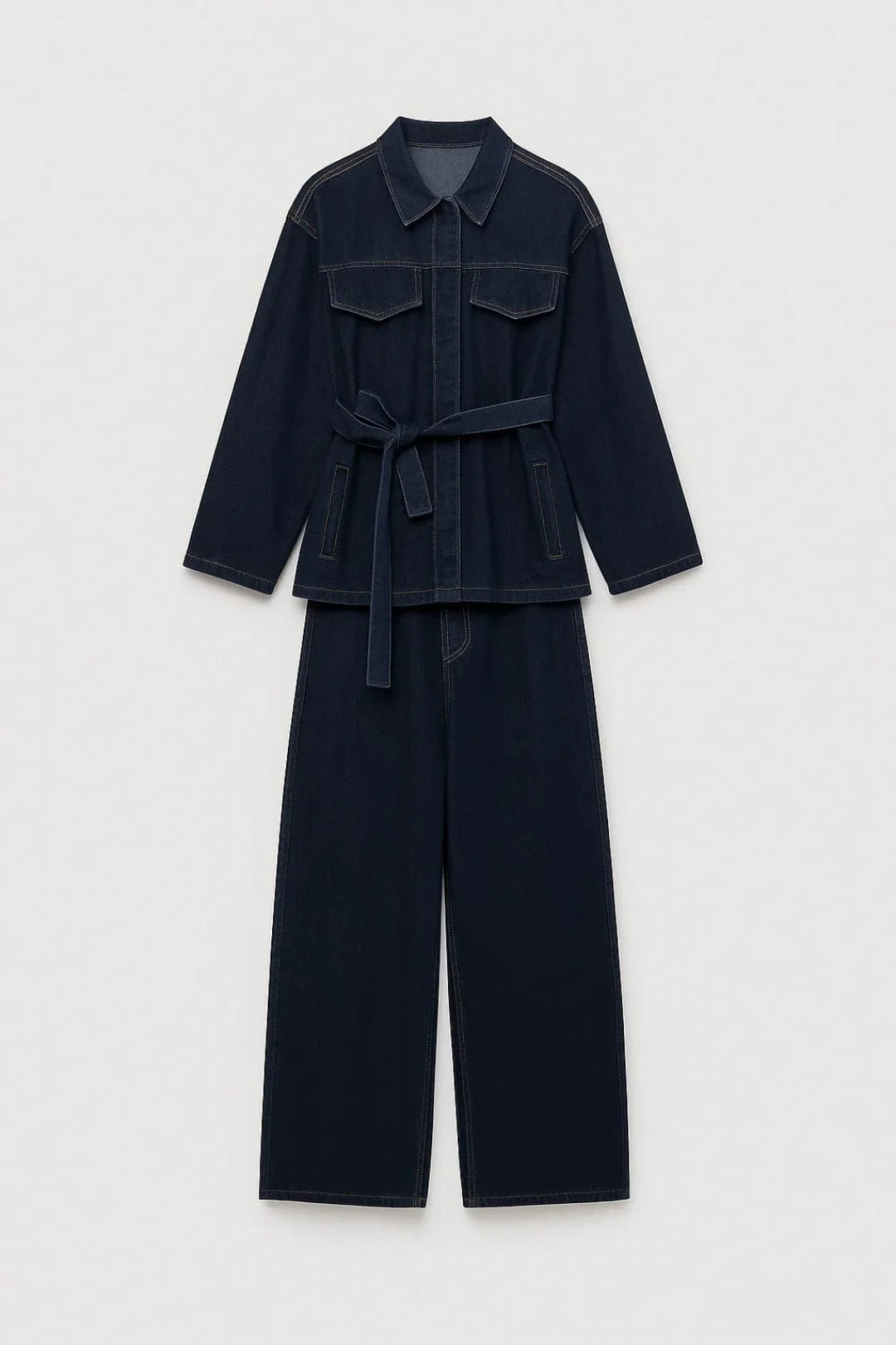 Chrissy - Belted Jacket Wide Leg Denim Set