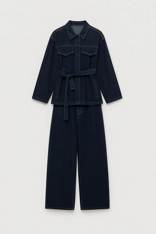 Chrissy - Belted Jacket Wide Leg Denim Set