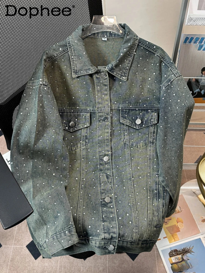 Male Chic Hot Diamond Denim Jackets Men'S 2024 Autumn New High-End Retro Trendy Loose Lapel Denim Coats Versatile Denim Jacket