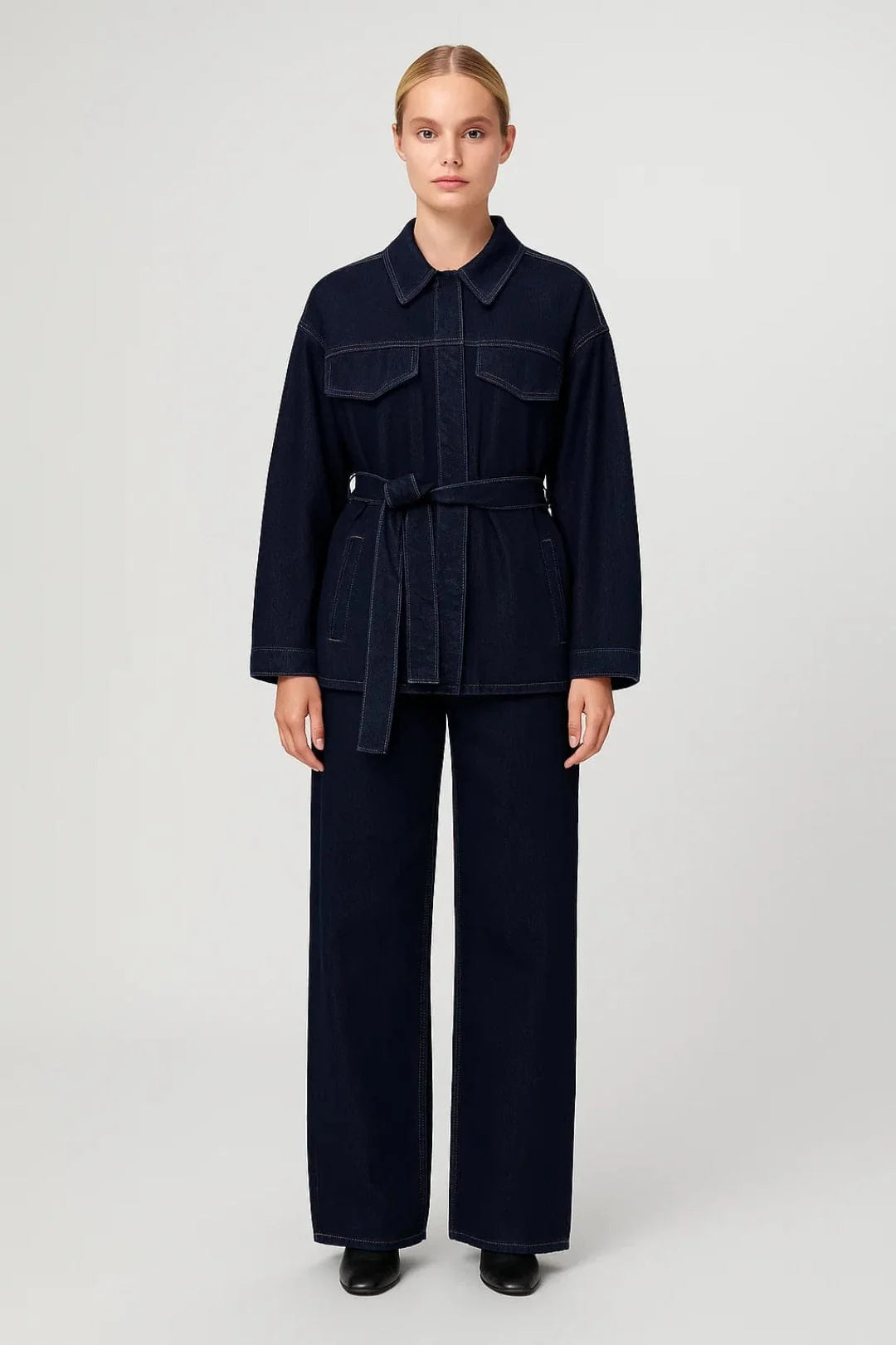Chrissy - Belted Jacket Wide Leg Denim Set