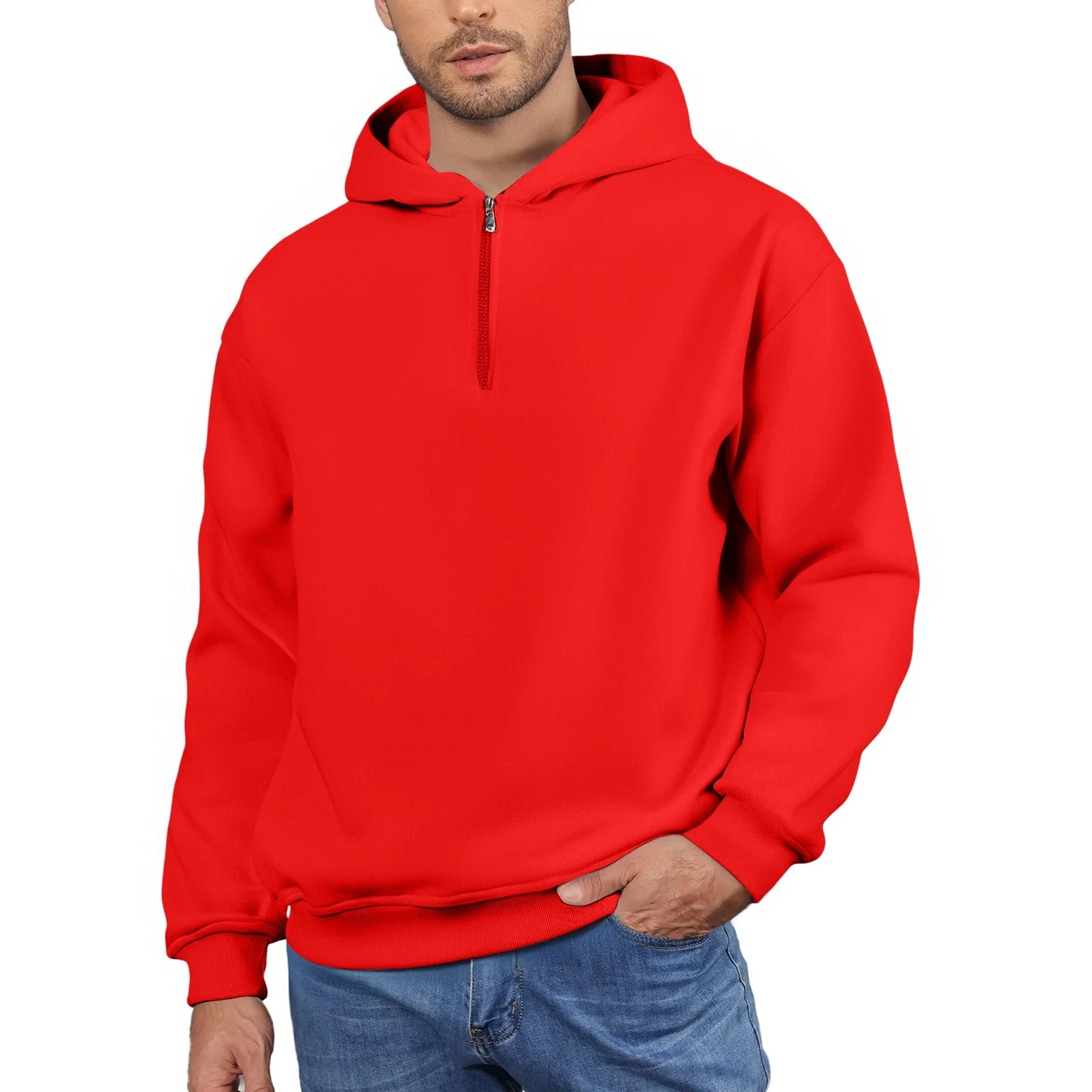 Men'S Quarter Zip Hoodies Zip up Solid Color Hoodie Long Sleeve Drop Shoulder Sweatshirt Casual Pullover Red 2XL