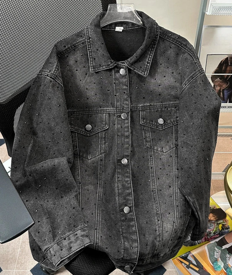 Male Chic Hot Diamond Denim Jackets Men'S 2024 Autumn New High-End Retro Trendy Loose Lapel Denim Coats Versatile Denim Jacket