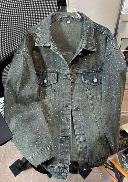 Male Chic Hot Diamond Denim Jackets Men'S 2024 Autumn New High-End Retro Trendy Loose Lapel Denim Coats Versatile Denim Jacket
